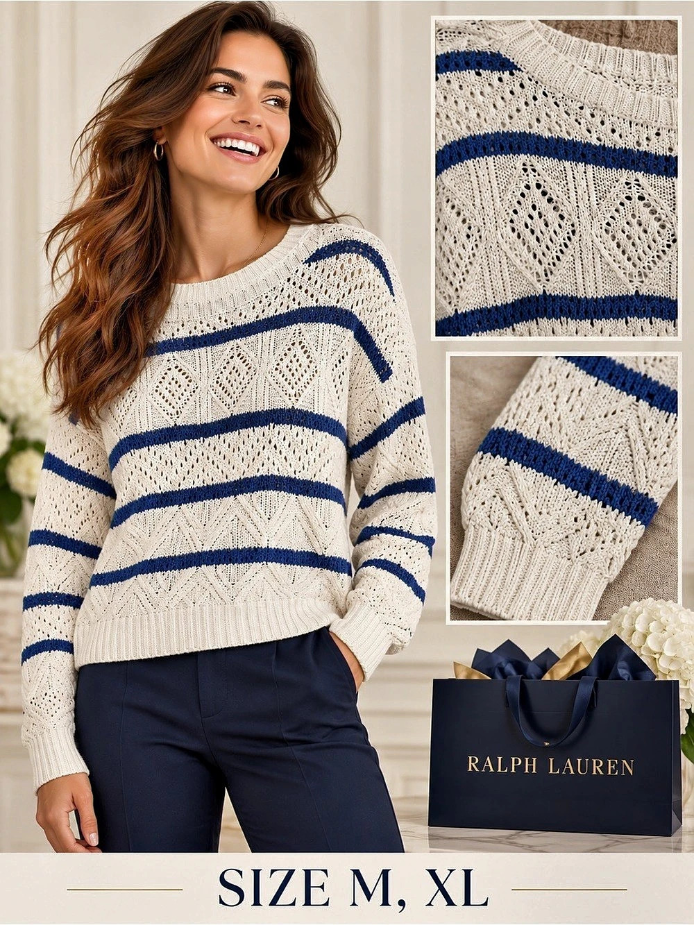 Ralph Lauren Striped Knit Sweater in white & Blue
